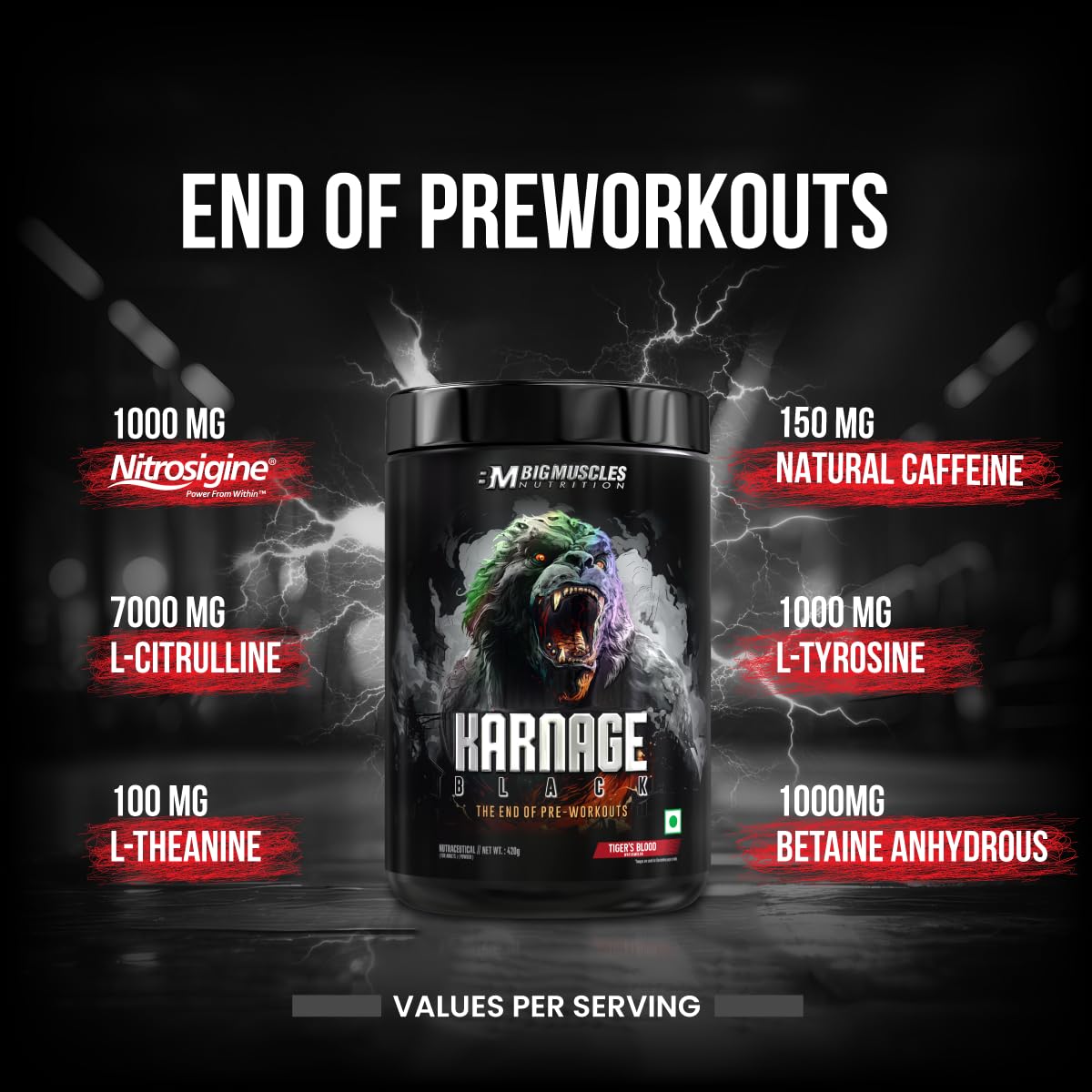 Bigmuscles Nutrition Karnage Black Preworkout | 420g | Massive Pump | Laser Focus | Explosive Energy | Gorilla Power | No Itching | with Nitrosigine