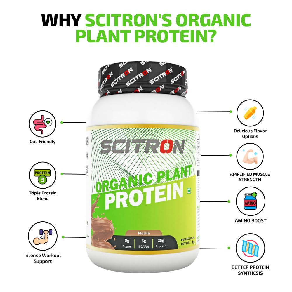 Scitron Organic Plant Protein 1kg |32 Servings| 25g Protein| 5g BCAAs| 0g Sugar
