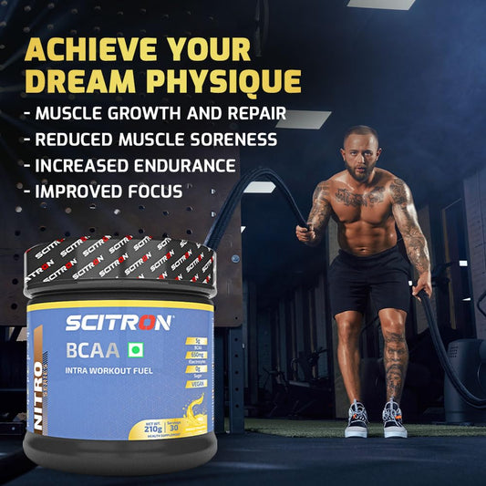 Scitron Nitro Series BCAA Intra Workout Fuel Powder 210g |30 Servings| 5 g BCAA| 650mg Electrolytes| 0g Sugar| Vegan