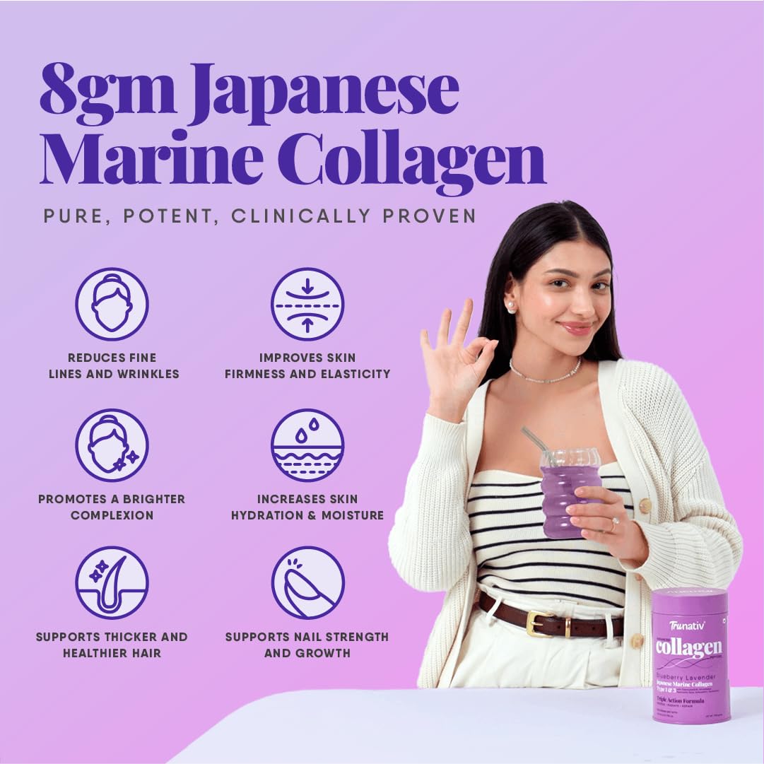 Trunativ Advanced Japanese Marine Collagen Powder |Type 1 and 3 | Supplements for Women and Men with Hyaluronic Acid | Supports Skin Glow, Hair Growth and Nail Strength | 200 Gm