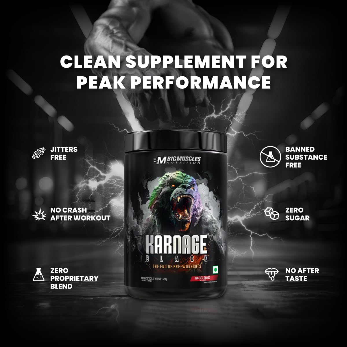 Bigmuscles Nutrition Karnage Black Preworkout | 420g | Massive Pump | Laser Focus | Explosive Energy | Gorilla Power | No Itching | with Nitrosigine