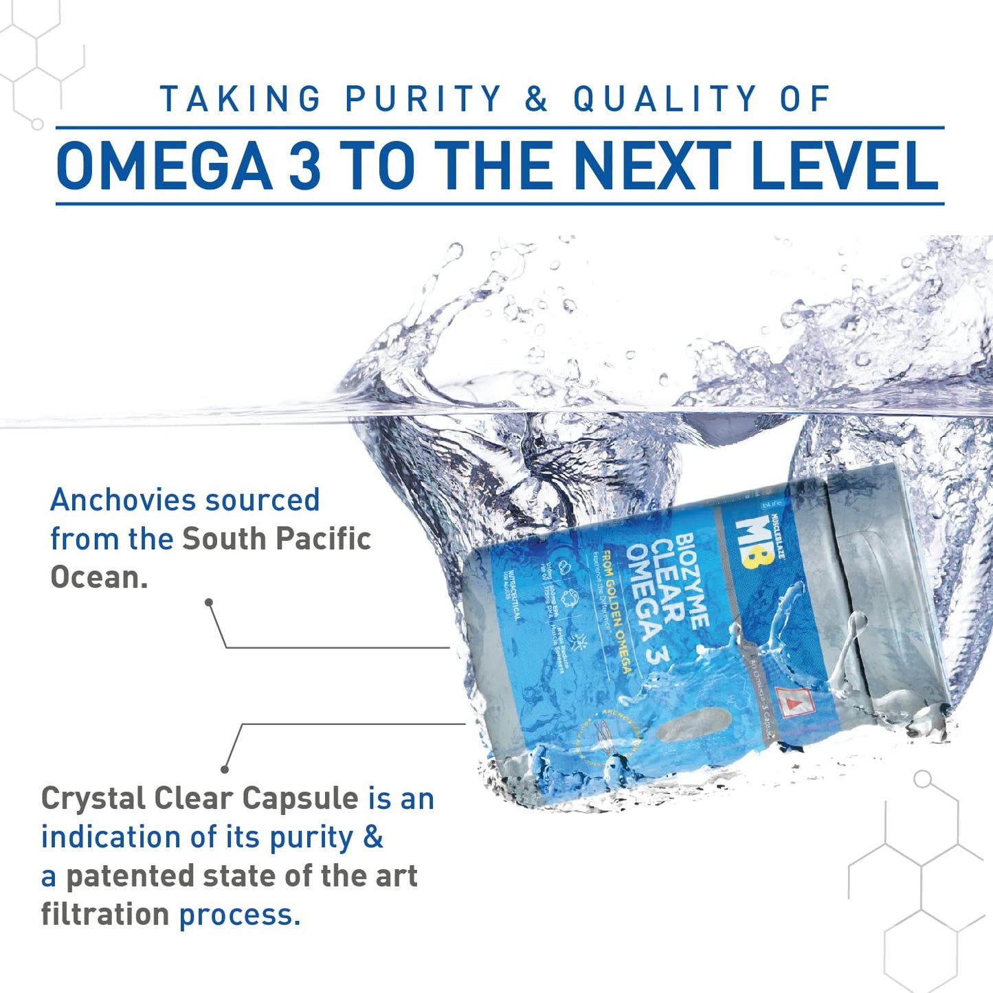 MuscleBlaze Biozyme Clear Omega 3 Fish Oil| 1250 mg Fish Oil with 500 mg EPA & 375 mg DHA| India's First Golden Omega Supplement| Helps Reduce Muscle Soreness| 60 Omega 3 Capsules