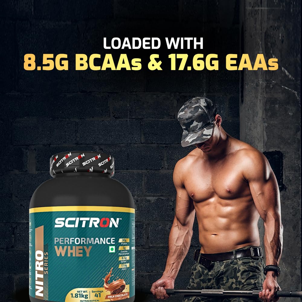Scitron Performance Whey Protein Powder 1.81Kg | Milk Chocolate | 30g Protein |3g Creatine Monohydrate| 8.5g BCAAs and 17.6g EAAs| For Enhanced Immunity and Performance
