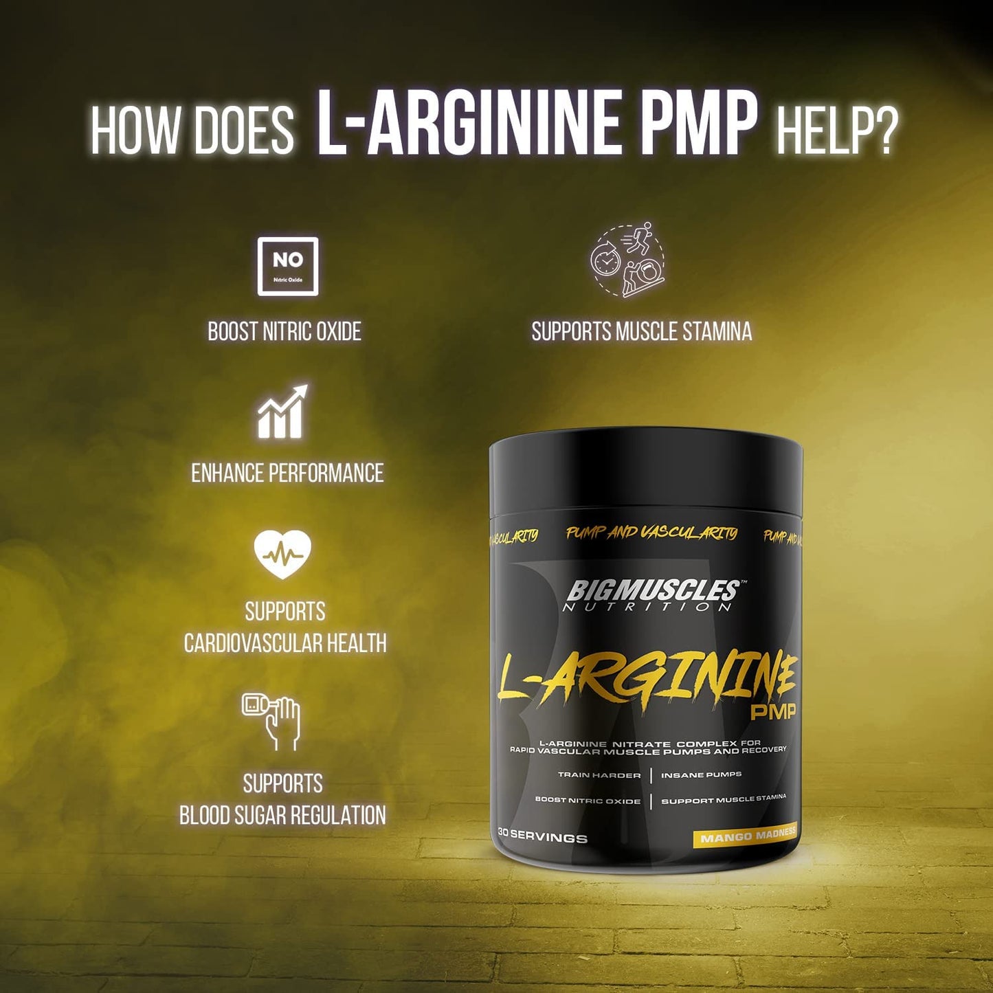 Bigmuscles Nutrition L-Arginine PMP Powder | Pack of 30 Serving | 3000 mg | Muscle Building Amino Acid | Build Strength & Endurance| Faster Recovery| Enhance Energy Levels | Preworkout | 90 gm