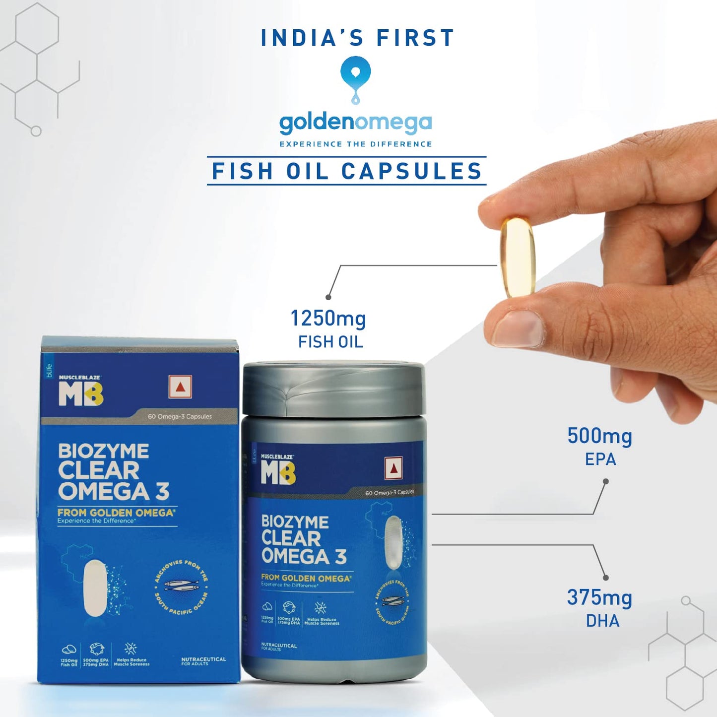 MuscleBlaze Biozyme Clear Omega 3 Fish Oil| 1250 mg Fish Oil with 500 mg EPA & 375 mg DHA| India's First Golden Omega Supplement| Helps Reduce Muscle Soreness| 60 Omega 3 Capsules