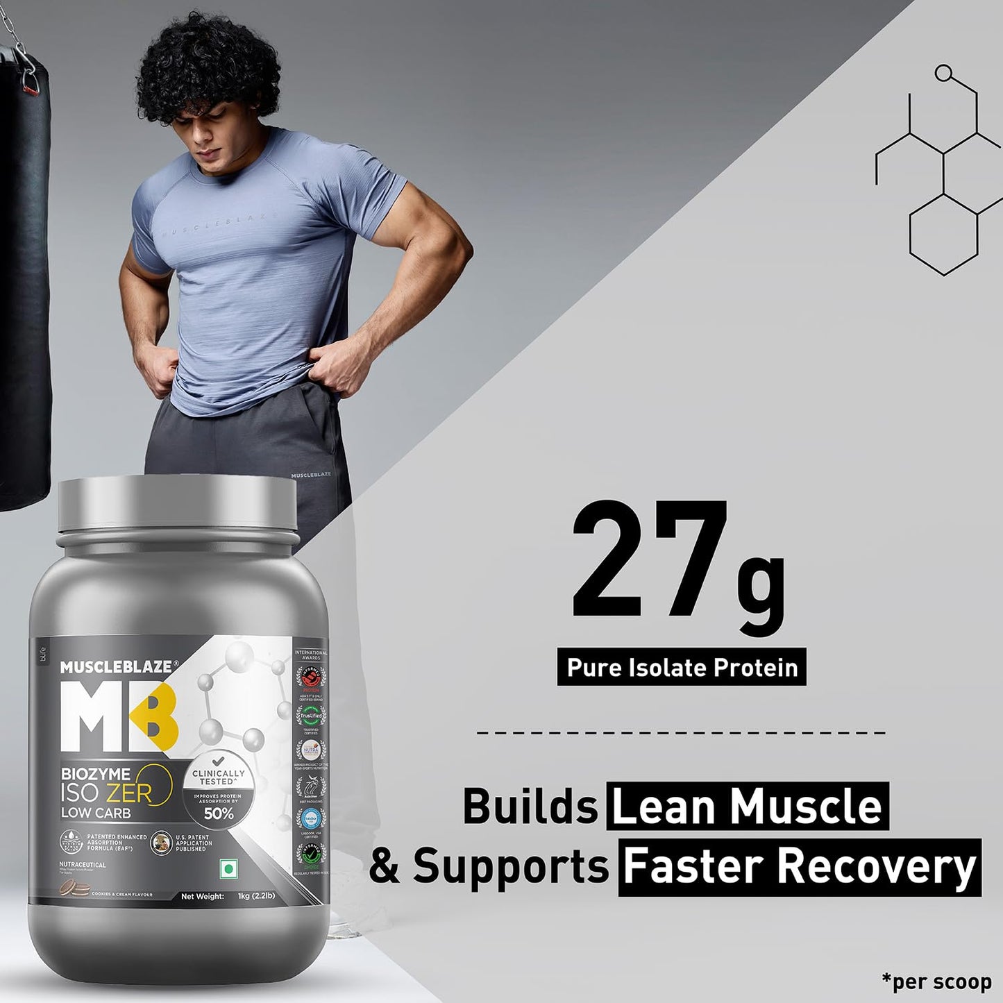 MuscleBlaze Biozyme Iso-Zero| Low Carb Whey Protein Isolate Powder| 27g Isolate Whey Per Scoop | USA Patent-Published Enhanced Absorption Formula (EAF)