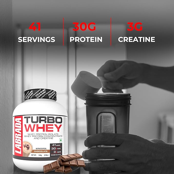 Labrada TURBO WHEY | Whey Protein Isolate | Whey Protein Concentrate and Creatine | 30g Protein | 41 Servings | 1.8kg Chocolate