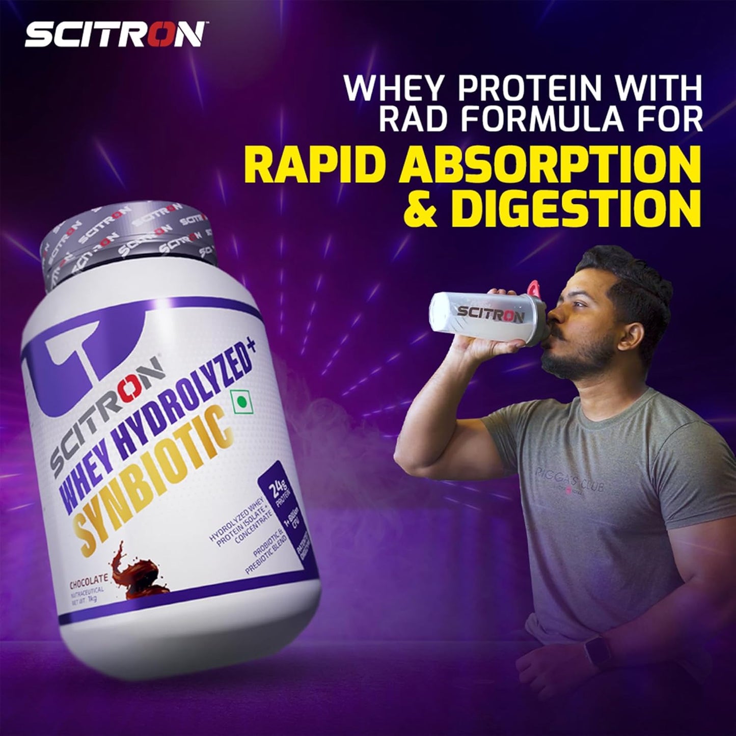 Scitron Whey Hydrolyzed Synbiotic 100% Hydrolyzed Protein Powder | 1Kg | Chocolate Flavor |24g Protein Per Serving| With 1 Billion Prebiotic & Probiotic Strains For Gut Health| Digestive Enzymes for Effective Digestion