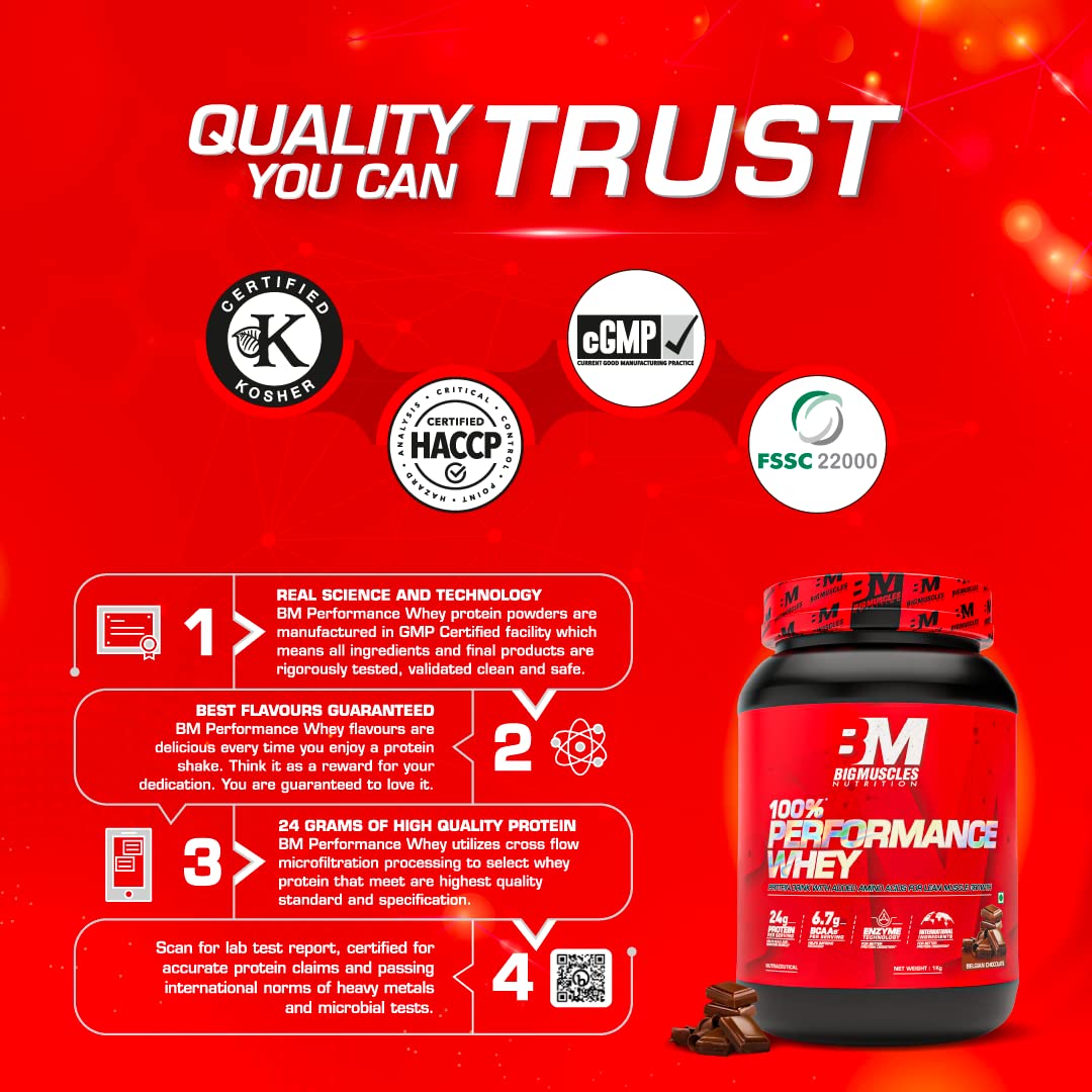 Bigmuscles Nutrition Performance Whey Protein | 1Kg Belgian Chocolate | 24g Isolate Whey Protein Blend | 6.7g BCAAs, L-Glutamine, L-Arginine, Taurine, L-Leucine