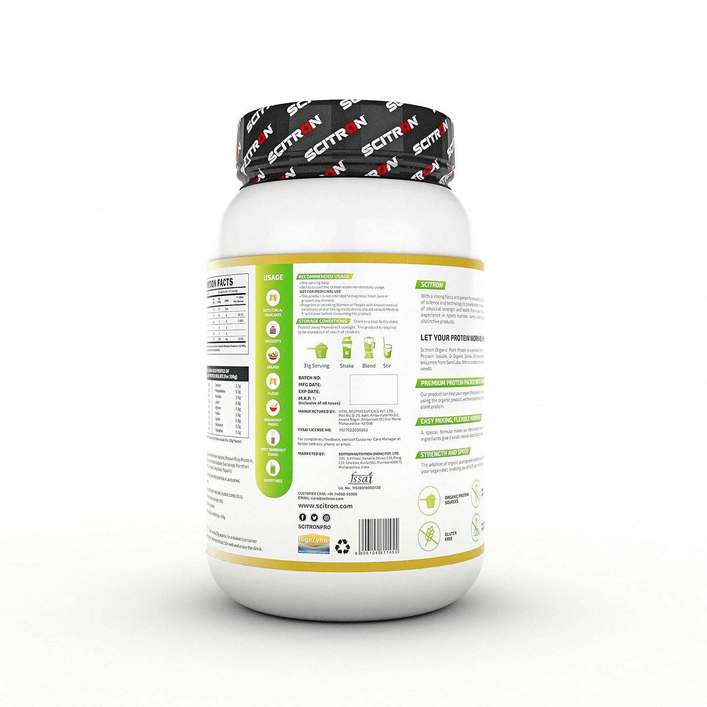 Scitron Organic Plant Protein 1kg |32 Servings| 25g Protein| 5g BCAAs| 0g Sugar