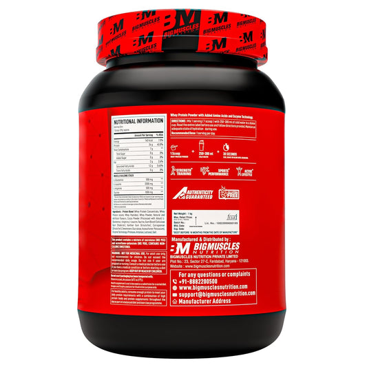 Bigmuscles Nutrition Performance Whey Protein | 1Kg Belgian Chocolate | 24g Isolate Whey Protein Blend | 6.7g BCAAs, L-Glutamine, L-Arginine, Taurine, L-Leucine