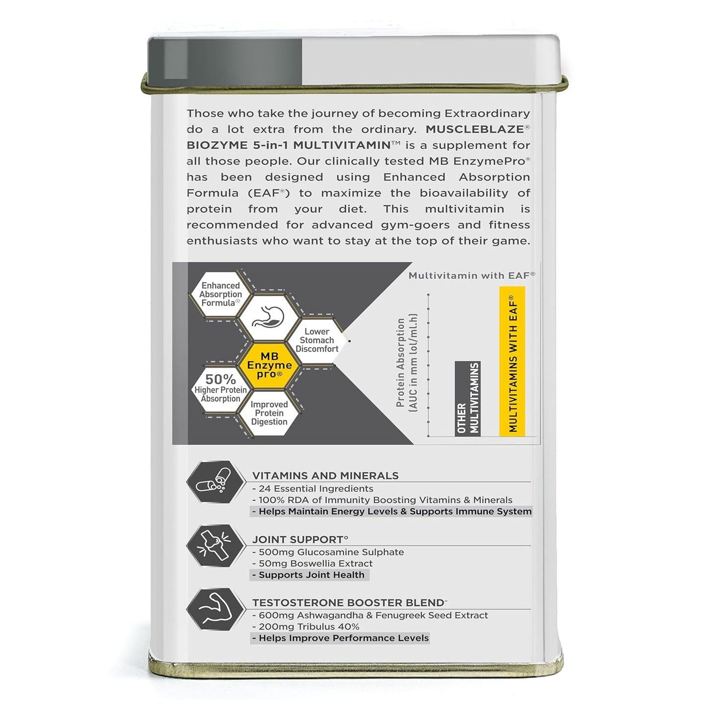 MuscleBlaze Biozyme Daily Multivitamin|5-In-1 Supplement With Vitamins | Minerals| Joint| T-Booster Blend| With Us Patent Published Eafa |For Higher Energy & Improved Performance |1 Count |90 Capsules