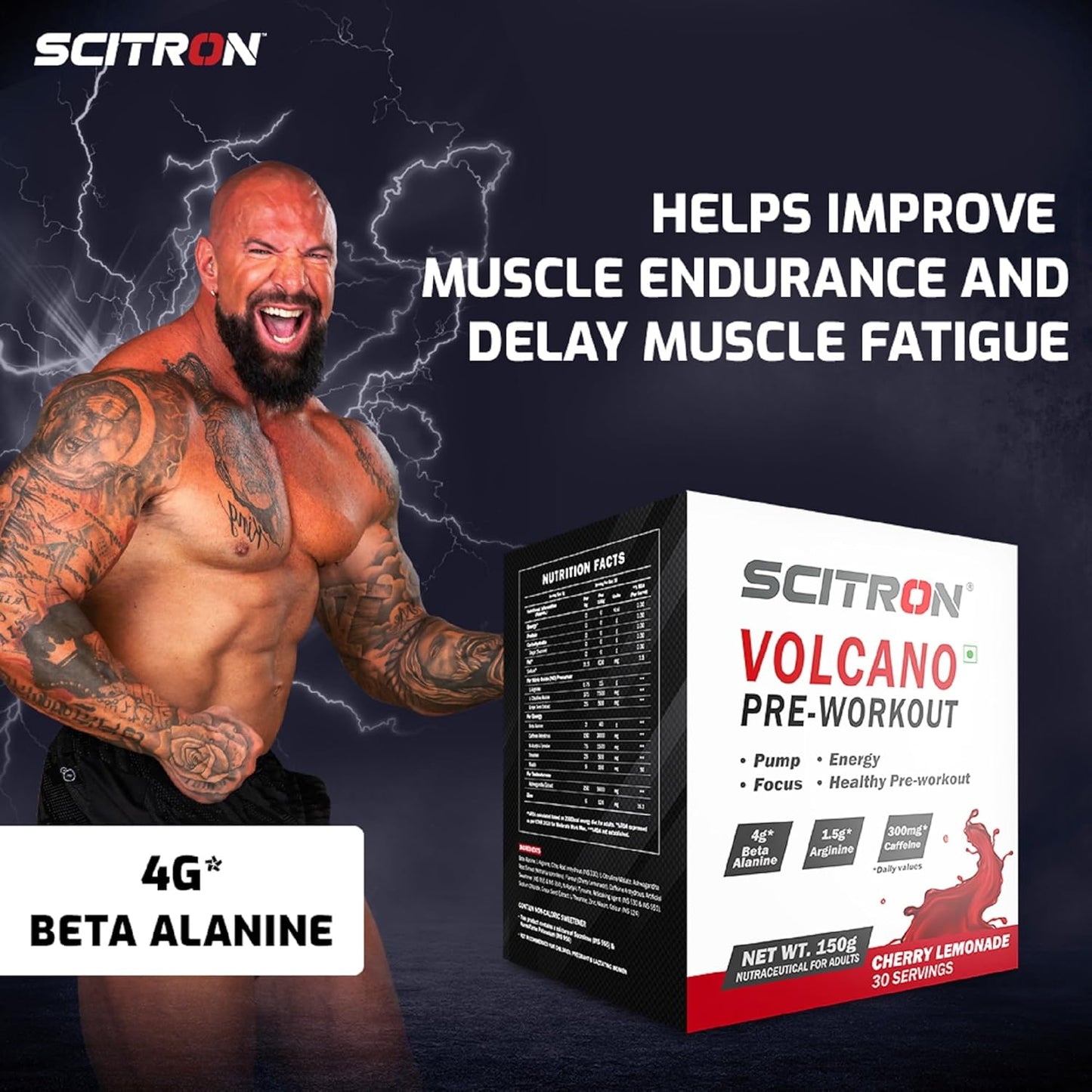 Scitron Volcano Pre Workout | 4g Beta Alanine | 1.5g Arginine | 300mg Caffeine | 0g Sugar | Boost Energy & Focus| Healthy Pre-workout