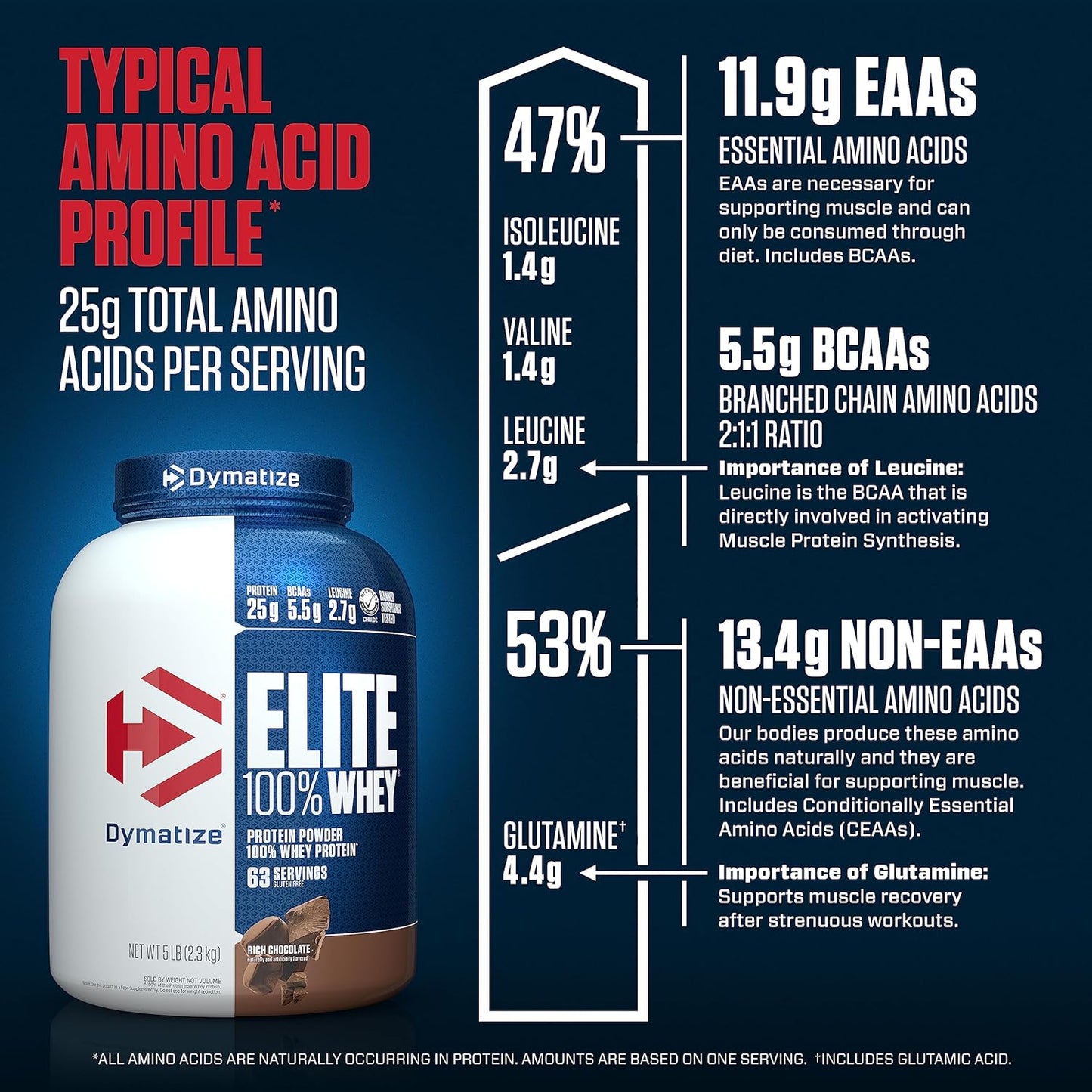 Dymatize Nutrition Elite 100% Whey Protein | Whey Protein Powder | Muscle Recovery | 25g Protein| 5.5g BCAA | Fast-Absorbing Protein | Gluten-Free | Blend with BCAAs & Glutamine | 5 Lbs