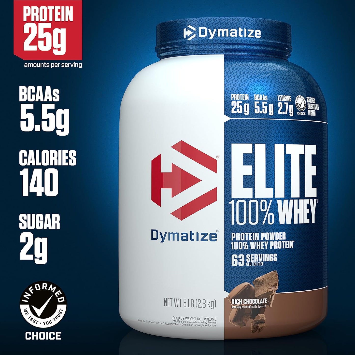 Dymatize Nutrition Elite 100% Whey Protein | Whey Protein Powder | Muscle Recovery | 25g Protein| 5.5g BCAA | Fast-Absorbing Protein | Gluten-Free | Blend with BCAAs & Glutamine | 5 Lbs