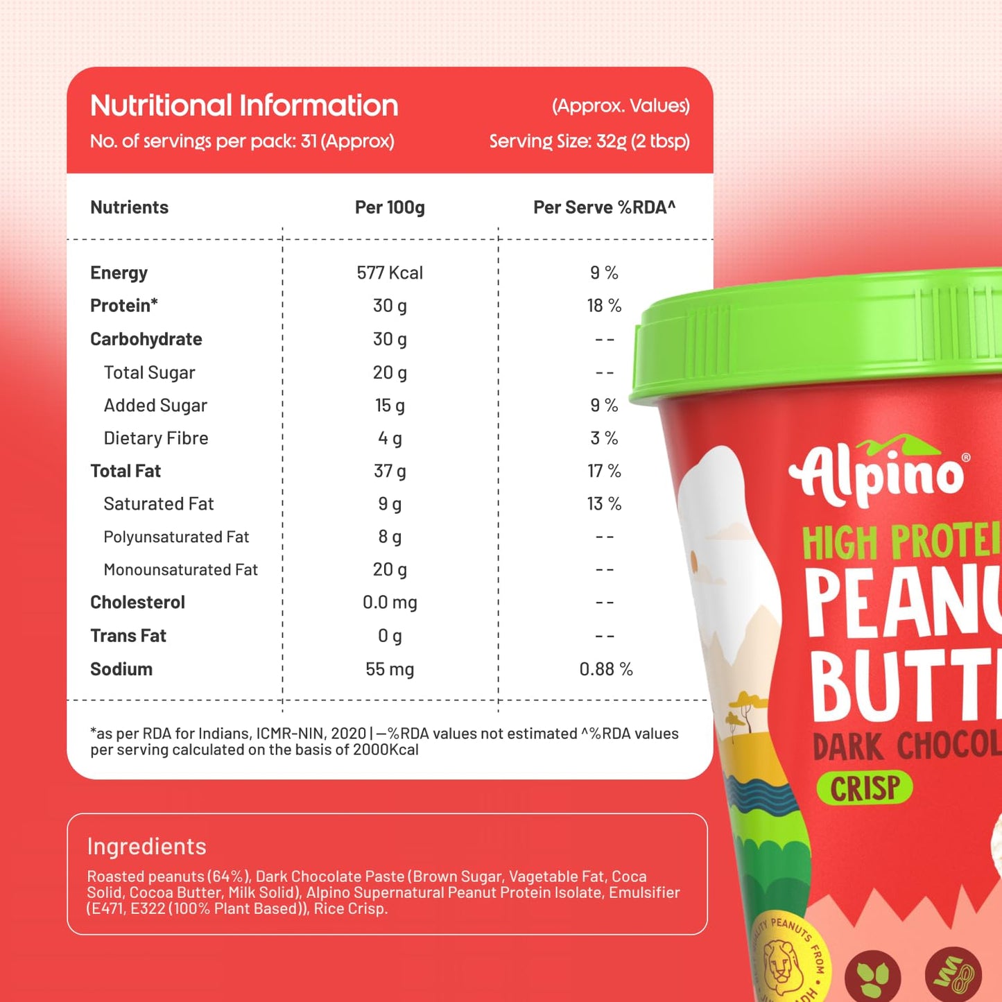 ALPINO High Protein Dark Chocolate Peanut Butter |Roasted Peanuts |Protein Blend |Source of Healthy Fats & Dietary Fibre