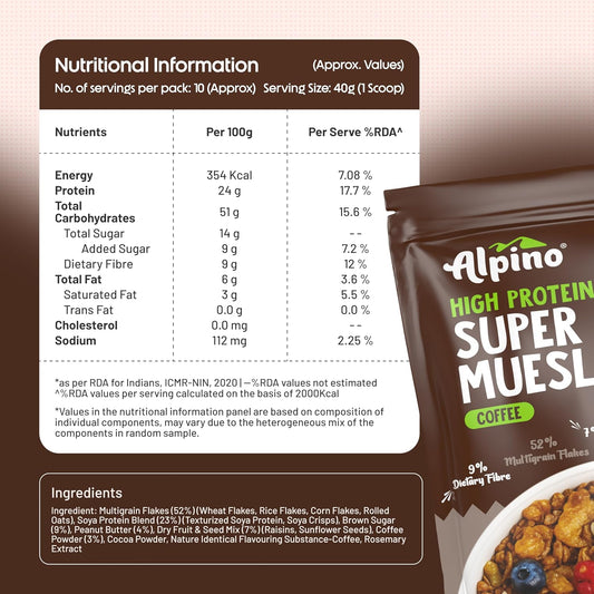 ALPINO High Protein Super Muesli | Multigrain Flakes & Rolled Oats| Soya Protein| Nuts & Seeds| Coffee Extract | 24% Protein| Source of Dietary Fibre & Healthy Fats