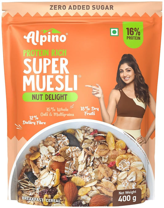 ALPINO 16g Protein-Rich Super Muesli Nut Delight |0 Added Sugar| 75% Whole Grains| 18% Fruits & Nuts | Source of Dietary Fibre & Healthy Fats.