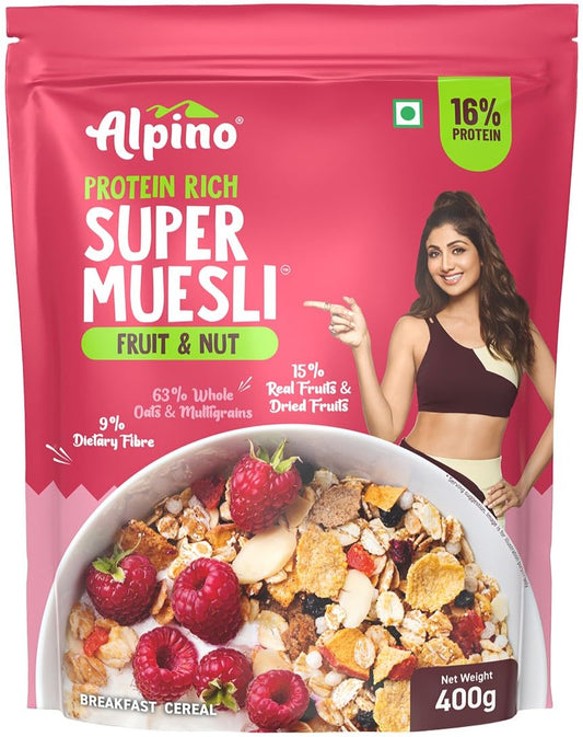 ALPINO Protein-Rich Super Muesli Fruit & Nuts | 63% Whole Grains| 15% Fruits & Nuts |16% Protein| Source of Dietary Fibre & Healthy Fats