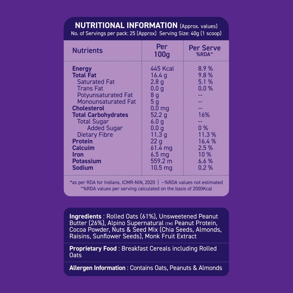 ALPINO 24% High Protein Super Rolled Oats | Rolled Oats & Natural Peanut Butter |24g Protein| Source of Dietary Fibre & Healthy Fats| No Added Sugar & Salt