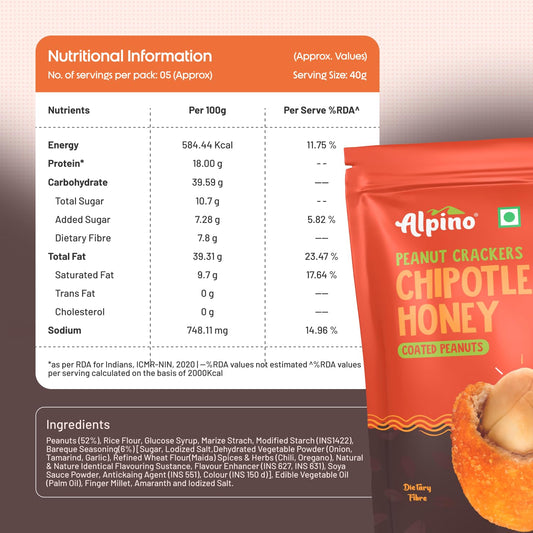 ALPINO Peanut Crackers | Made with Roasted Peanuts & Seasoning |18g Protein| 0 Cholesterol| 0 Trans Fat| Healthy Snack | Indian Spices Coated Peanuts