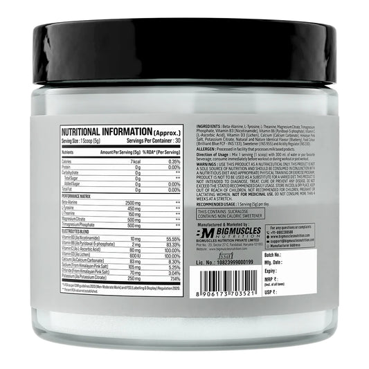 Bigmuscles Nutrition Beta-Alanine + Peptides | Beta Alanine Powder with Superior Grade Magnesium| Electrolytes| Tyrosine & Vitamin D3