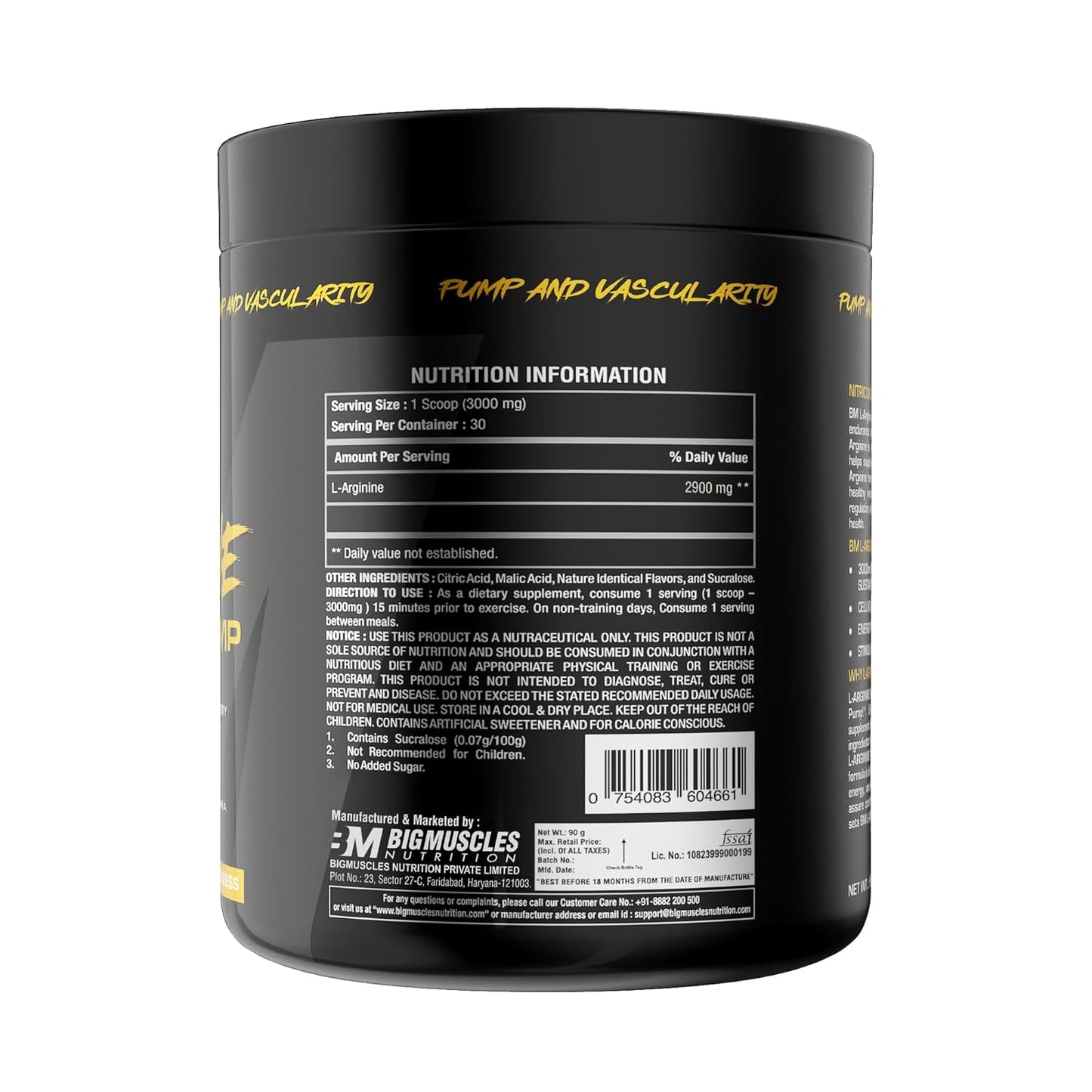 Bigmuscles Nutrition L-Arginine PMP Powder | Pack of 30 Serving | 3000 mg | Muscle Building Amino Acid | Build Strength & Endurance| Faster Recovery| Enhance Energy Levels | Preworkout | 90 gm