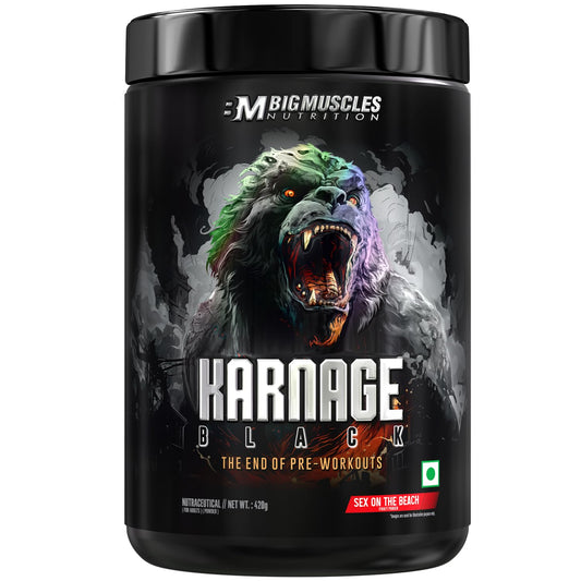 Bigmuscles Nutrition Karnage Black Preworkout | 420g | Massive Pump | Laser Focus | Explosive Energy | Gorilla Power | No Itching | with Nitrosigine
