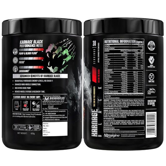 Bigmuscles Nutrition Karnage Black Preworkout | 420g | Massive Pump | Laser Focus | Explosive Energy | Gorilla Power | No Itching | with Nitrosigine