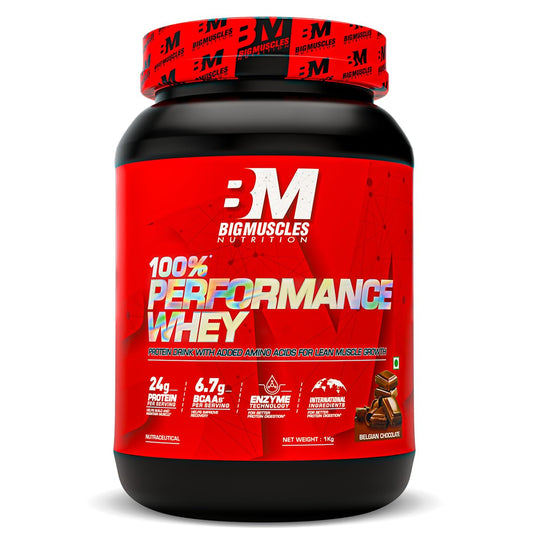 Bigmuscles Nutrition Performance Whey Protein | 1Kg Belgian Chocolate | 24g Isolate Whey Protein Blend | 6.7g BCAAs, L-Glutamine, L-Arginine, Taurine, L-Leucine