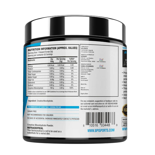 BPI Sports Micronized Creatine | 250 Gm | 83 Servings | Unflavoured Powder