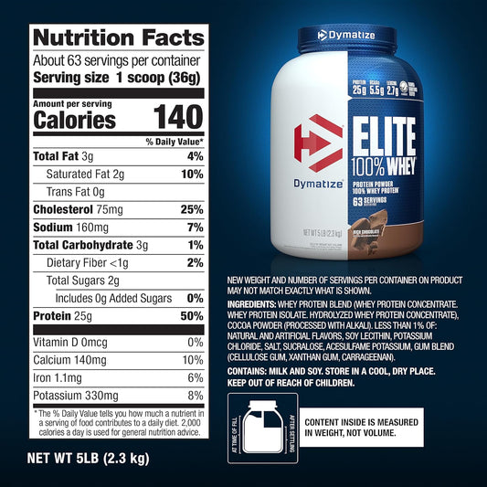 Dymatize Nutrition Elite 100% Whey Protein | Whey Protein Powder | Muscle Recovery | 25g Protein| 5.5g BCAA | Fast-Absorbing Protein | Gluten-Free | Blend with BCAAs & Glutamine | 5 Lbs