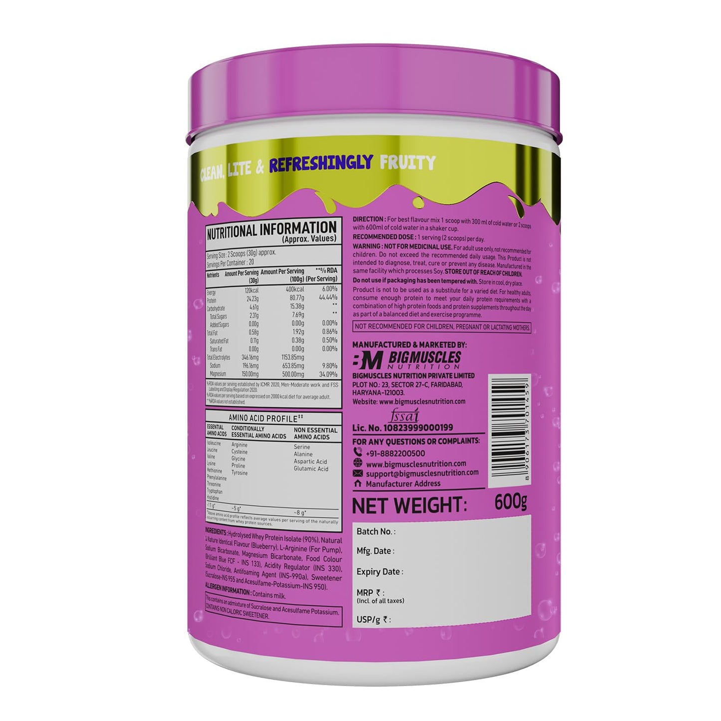 Bigmuscles Nutrition Fizzy Whey | Clear Whey Protein isolate + Electrolytes | 80% Protein| 0g Lactose| 0 Added Sugar <1g fat | Clean Label Project Purity Award Certified | Juice-Like Protein | GLP 1 Support