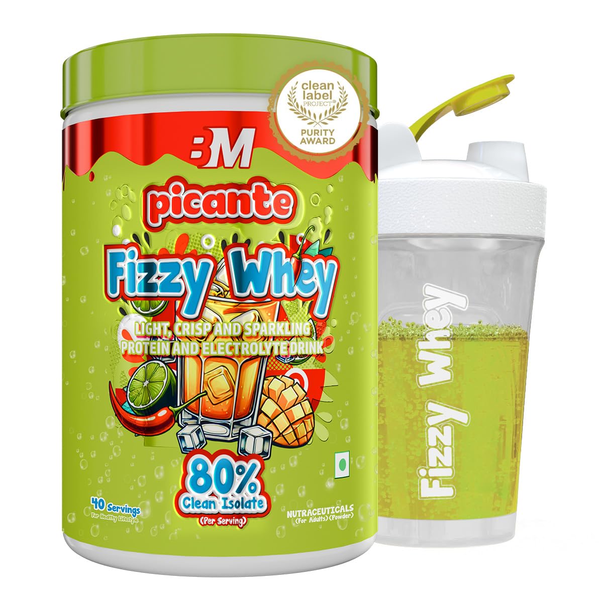 Bigmuscles Nutrition Fizzy Whey | Clear Whey Protein isolate + Electrolytes | 80% Protein| 0g Lactose| 0 Added Sugar <1g fat | Clean Label Project Purity Award Certified | Juice-Like Protein | GLP 1 Support