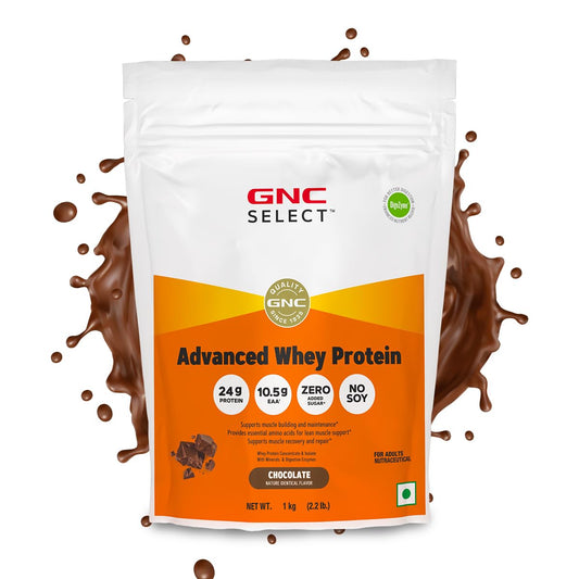 GNC Select Advanced | 24g Whey Protein & 10.5g EAAs | Isolate & Concentrate Blend Sourced from Indian Dairies | Zero Added Sugar | No Soy | Supports Muscle Growth| Recovery & Strength | Enhanced with DigeZyme® for Better Digestion & Easy Absorption