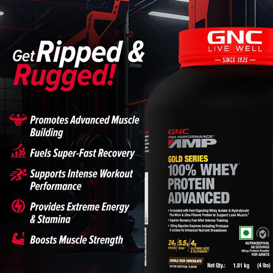 GNC AMP Gold Series Whey Protein Advanced |Lean Muscle Gains | Intense Workout | Informed Choice Certified | 24g Protein | 5.5g BCAA | 4g Glutamine | Formulated In USA
