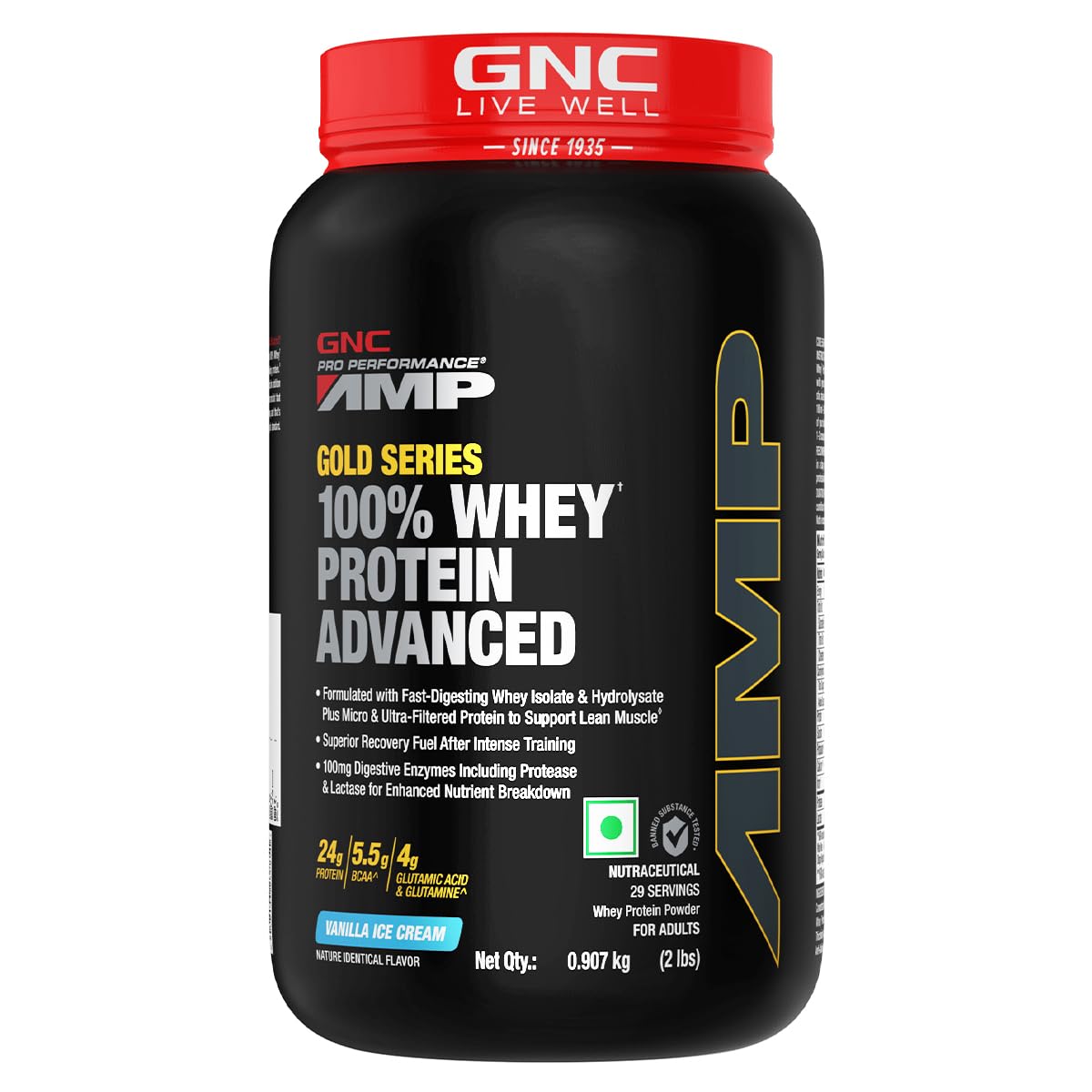 GNC AMP Gold Series Whey Protein Advanced |Lean Muscle Gains | Intense Workout | Informed Choice Certified | 24g Protein | 5.5g BCAA | 4g Glutamine | Formulated In USA