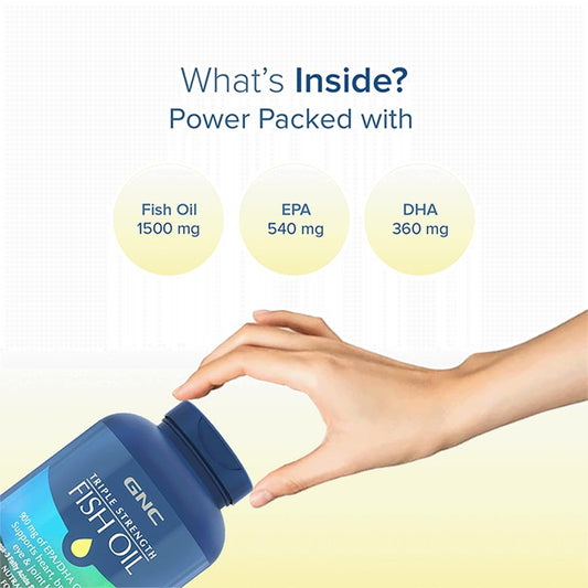 GNC Triple Strength Fish Oil 1500mg Omega-3 with 900mg EPA & DHA |For Heart| Healthy Cholesterol| Joint Comfort| Focus & Vision | Enteric-Coated for No Fishy Aftertaste |USA Formulated