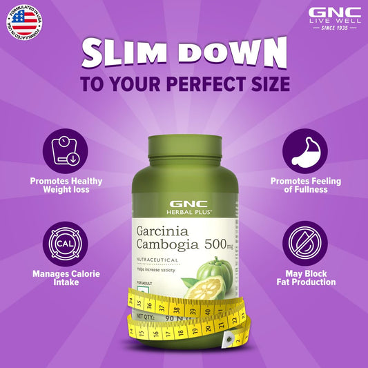 GNC Herbal Plus Garcinia Cambogia | 90 Capsules | Aids in Weight Loss | Controls Hunger Pangs | Helps Reduce Bad Fats | Improves Serotonin Level | Formulated in USA | 500mg Per Serving