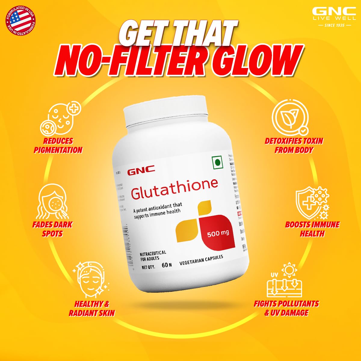 GNC Glutathione 500mg With Vitamin C For Clear & Radiant Skin | 60 Veg Capsules | Reduces Dark Spots & Melanin Pigmentation | Boosts Immunity | Fights Pollution & UV Damage | For Men & Women| Formulated In USA