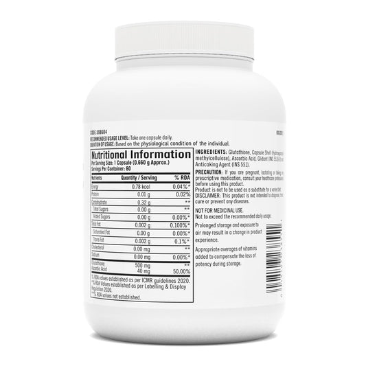 GNC Glutathione 500mg With Vitamin C For Clear & Radiant Skin | 60 Veg Capsules | Reduces Dark Spots & Melanin Pigmentation | Boosts Immunity | Fights Pollution & UV Damage | For Men & Women| Formulated In USA