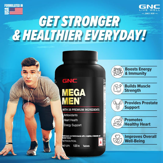 GNC Mega Men Multivitamin for Men | 120 Tablets | 38 Premium Ingredients | Strengthens Immune System | Promotes Prostate & Eye Care | Boosts Focus | Improves Overall Health | Formulated In USA