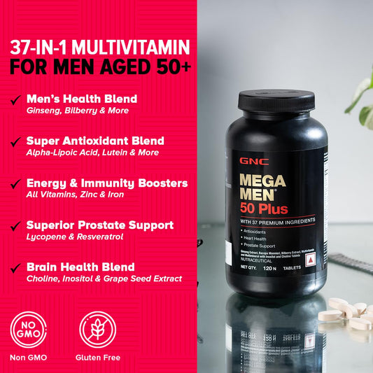 GNC Mega Men 50 Plus Multivitamin | 120 Tablets | 37 Premium Ingredients | Promotes Prostate Health | Boosts Immunity | Protects Heart & Vision | Supports Memory | Formulated In USA