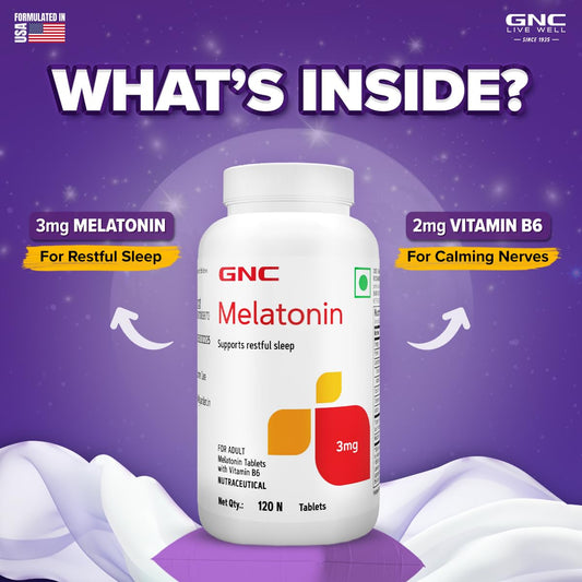 GNC Melatonin Tablets With Vitamin B6| 120 Tablets| Promotes Deep Sleep | Enhances Sleep Quality | Improves Mood | Helps in Relaxation | Formulated in USA | 3mg Per Serving