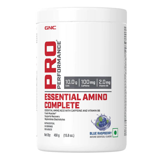 GNC Pro Performance Essential Amino Complete | 450 gm | 30 Servings | Fuels Muscle Growth | Beats Fatigue | Prevents Muscle Cramps | 10g EAA | 100mg Caffeine | 2mg Vitamin B6
