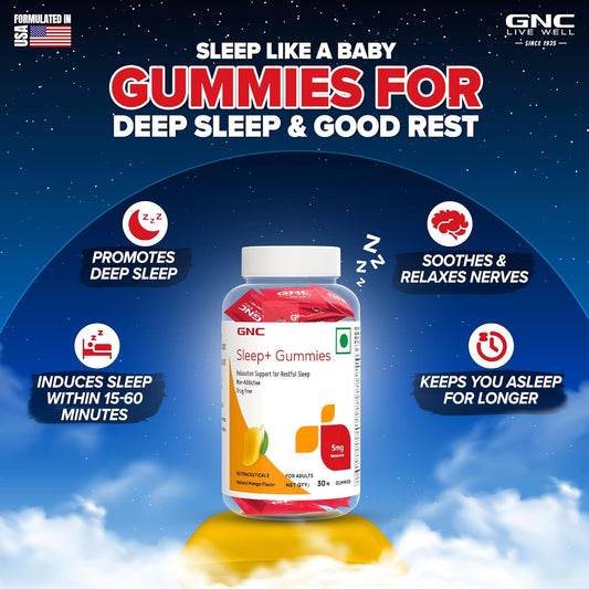 GNC Sleep+ Gummies | 30 Gummies | Induces Sleep Within Minutes | Promotes Deep Sleep | Helps Stay Asleep For Longer | Calms Brain & Relaxes Nerves | Prevents Next-Day Drowsiness | Mango Flavor| Formulated In USA