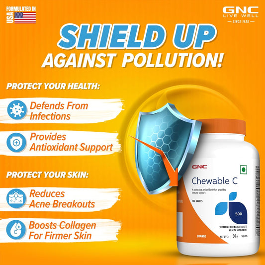 GNC Vitamin C Chewable Tablets | 30 Tablets | Protects Against Infections | Boosts Immunity | Strong Antioxidant | Supports Healthy Muscle Function | Reduces Acne | Tightens Skin | USA Formulated