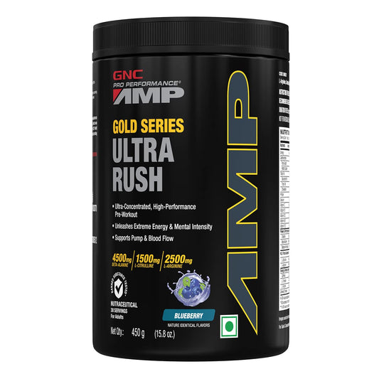 GNC AMP Gold Series Ultra Rush Pre-Workout | 450 gm | 30 Servings | Maximum Energy & Stamina | Deep Mental Focus | Powerful Muscle Pump | 4.5g Beta-Alanine | 1.5g L-Citrulline | 2.5g L-Arginine