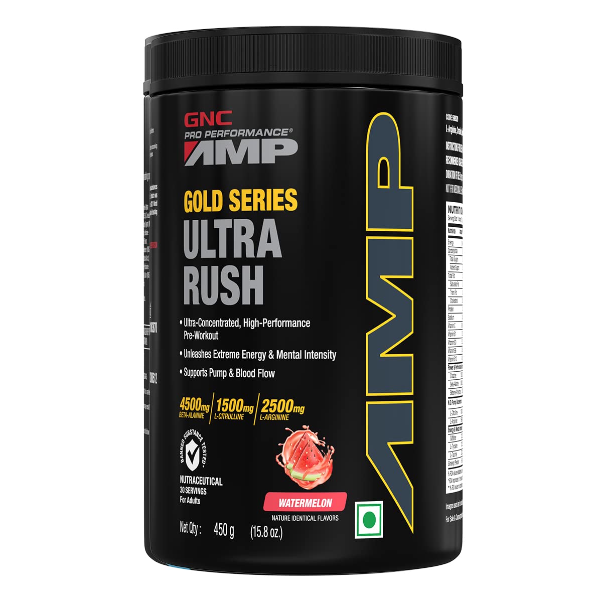 GNC AMP Gold Series Ultra Rush Pre-Workout | 450 gm | 30 Servings | Maximum Energy & Stamina | Deep Mental Focus | Powerful Muscle Pump | 4.5g Beta-Alanine | 1.5g L-Citrulline | 2.5g L-Arginine