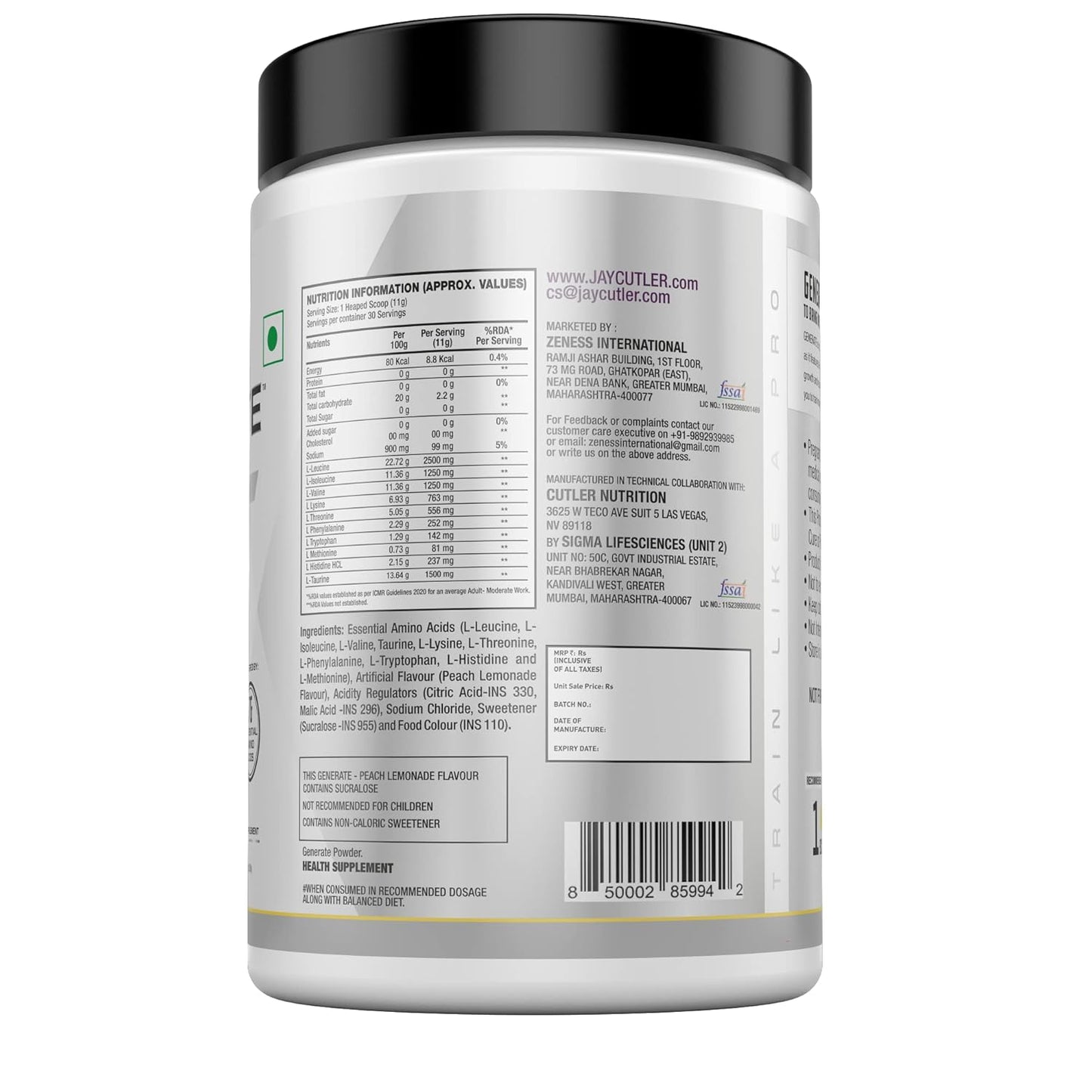 Cutler Nutrition Generate - EAA and BCAA Powder | Best Post Workout Recovery Drink and BCAA Supplement with Essential Amino Acids, 5g BCAAs, 2g EAAs for Lean Muscle Mass | 330g | 30 Servings